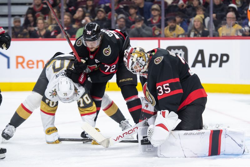 Nov 21, 2024; Ottawa, Ontario, CAN; Ottawa Senators goalie Linu Ullmark (35) makes a save in front of Vegas Golden Knights left wing Tanner Pearson (70) in the second period at the Canadian Tire Centre. Mandatory Credit: Marc DesRosiers-Imagn Images