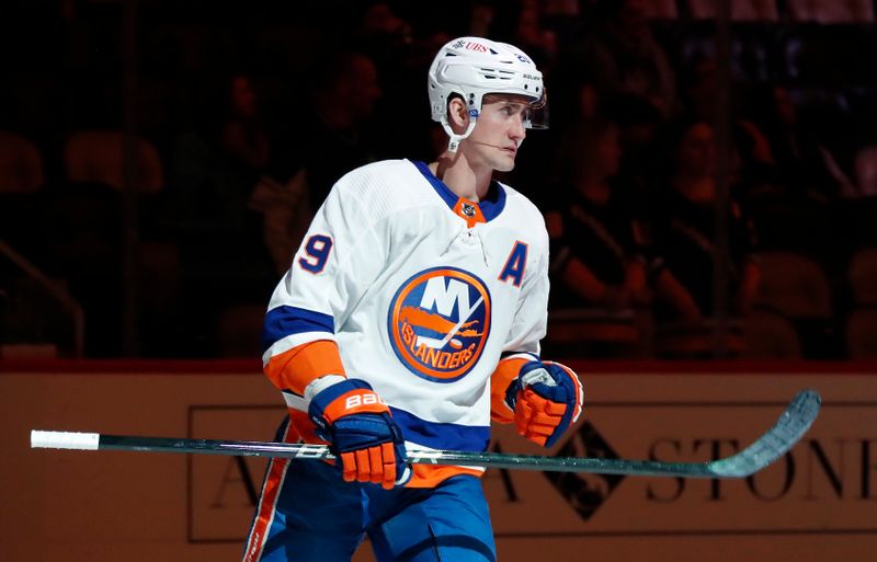 Feb 20, 2024; Pittsburgh, Pennsylvania, USA; New York Islanders center Brock Nelson (29) takes the ice against the Pittsburgh Penguins during the first period at PPG Paints Arena. New York won 5-4 in overtime. Mandatory Credit: Charles LeClaire-USA TODAY Sports