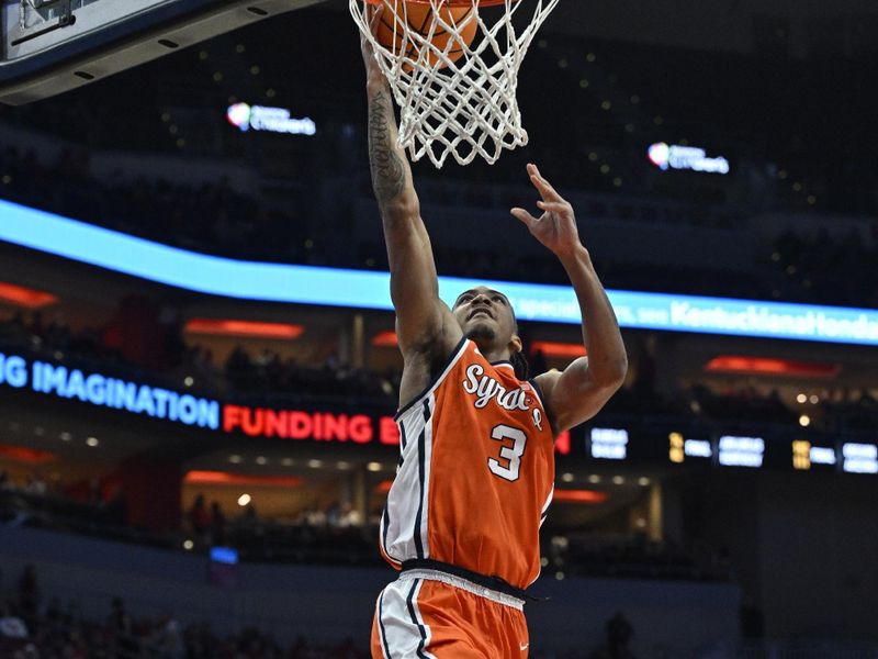 Mar 2, 2024; Louisville, Kentucky, USA; sSyracuse Orange guard Judah Mintz (3) shoots against the Louisville Cardinals during the first half at KFC Yum! Center. Syracuse defeated Louisville 82-76. Mandatory Credit: Jamie Rhodes-USA TODAY Sports