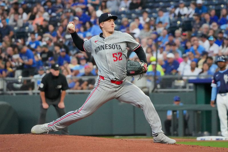 Sep 6, 2024; Kansas City, Missouri, USA; Minnesota Twins starting pitcher Zebby Matthews (52) delivers a pitch against the Kansas City Royals in the first inning at Kauffman Stadium. Mandatory Credit: Denny Medley-Imagn Images