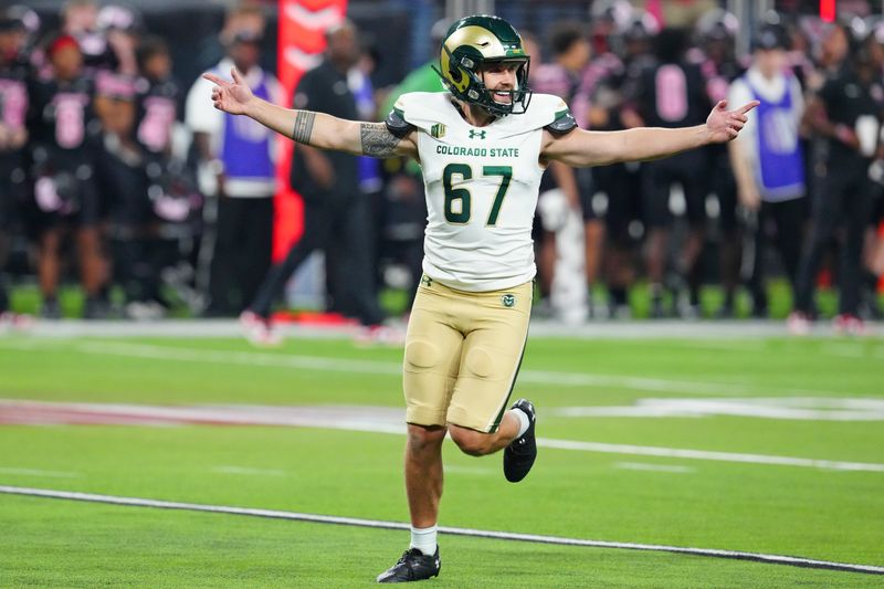 Oct 21, 2023; Paradise, Nevada, USA; Colorado State Rams place kicker Jordan Noyes (67) celebrates after kicking a field goal against the Las Vegas Raiders during the fourth quarter at Allegiant Stadium. Mandatory Credit: Stephen R. Sylvanie-USA TODAY Sports