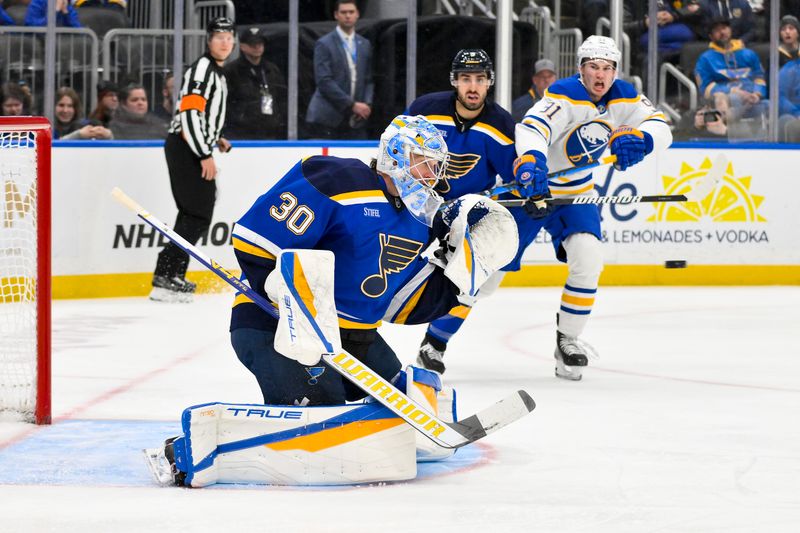 Dec 29, 2025; St. Louis, Missouri, USA; St. Louis Blues goaltender Joel Hofer (30) defends the net against the Buffalo Sabres during the third period at Enterprise Center. Mandatory Credit: Jeff Curry-Imagn Images