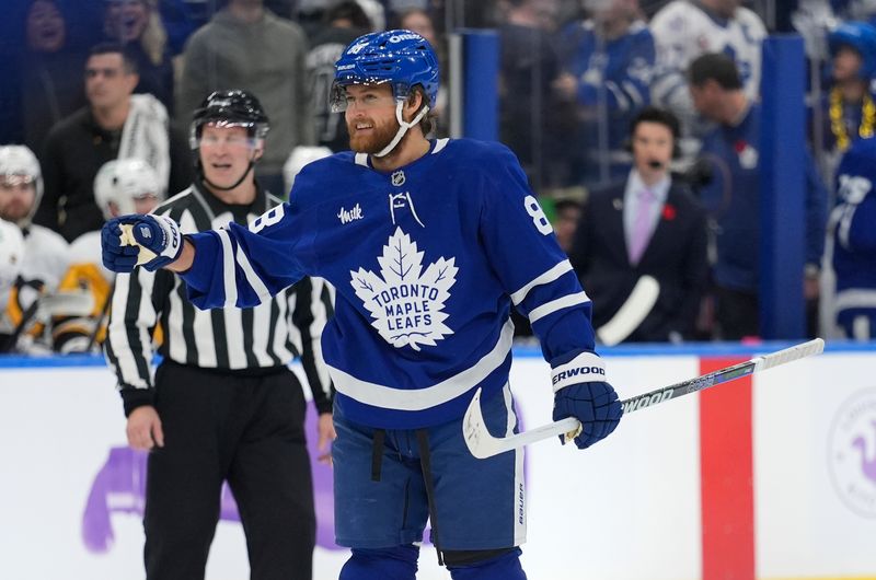 Nov 3, 2025; Toronto, Ontario, CAN; Toronto Maple Leafs forward William Nylander (88) reacts after scoring his second goal of the third period against the Pittsburgh Penguins at Scotiabank Arena. Mandatory Credit: John E. Sokolowski-Imagn Images