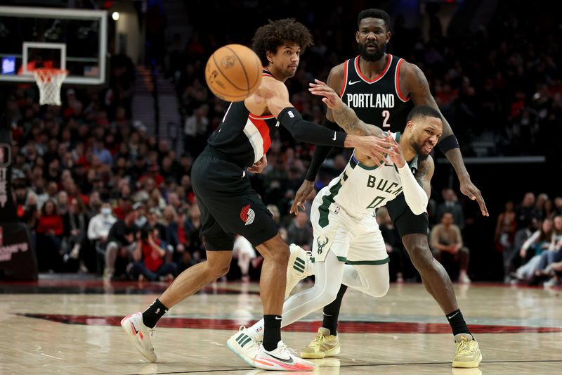 PORTLAND, OREGON - JANUARY 31: Damian Lillard #0 of the Milwaukee Bucks is fouled by Matisse Thybulle #4 of the Portland Trail Blazers during the second quarter at Moda Center on January 31, 2024 in Portland, Oregon. (Photo by Steph Chambers/Getty Images)