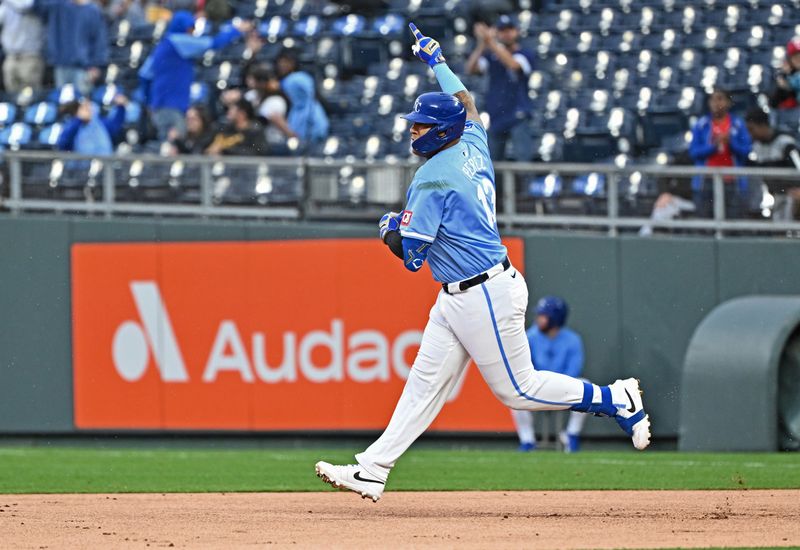 Apr 25, 2024; Kansas City, Missouri, USA;  Kansas City Royals first baseman Salvador Perez (13) reacts after hitting a two run home run in the first inning against the Toronto Blue Jays at Kauffman Stadium. Mandatory Credit: Peter Aiken-USA TODAY Sports