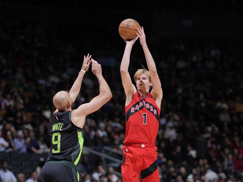 TORONTO, CANADA - JANUARY 15: Gradey Dick #1 of the Toronto Raptors shoots a three point basket during the game against the Boston Celtics on January 15, 2025 at the Scotiabank Arena in Toronto, Ontario, Canada.  NOTE TO USER: User expressly acknowledges and agrees that, by downloading and or using this Photograph, user is consenting to the terms and conditions of the Getty Images License Agreement.  Mandatory Copyright Notice: Copyright 2025 NBAE (Photo by Mark Blinch/NBAE via Getty Images)