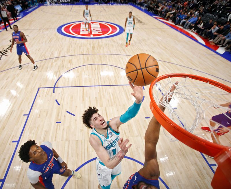 DETROIT, MI - JANUARY 24:  LaMelo Ball #1 of the Charlotte Hornets drives to the basket during the game against the Detroit Pistonson January 24, 2024 at Little Caesars Arena in Detroit, Michigan. NOTE TO USER: User expressly acknowledges and agrees that, by downloading and/or using this photograph, User is consenting to the terms and conditions of the Getty Images License Agreement. Mandatory Copyright Notice: Copyright 2024 NBAE (Photo by Brian Sevald/NBAE via Getty Images)