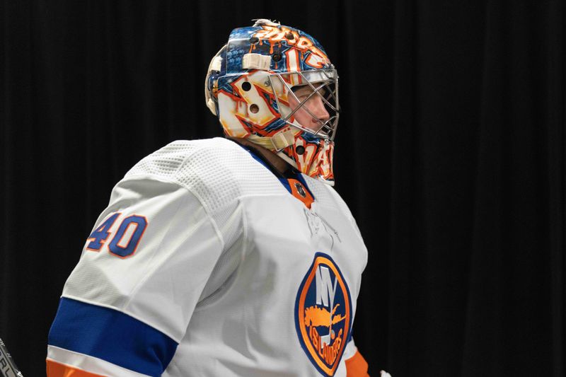 Mar 7, 2024; San Jose, California, USA; New York Islanders goaltender Semyon Varlamov (40) before the start of warmups against the San Jose Sharks at SAP Center at San Jose. Mandatory Credit: Stan Szeto-USA TODAY Sports