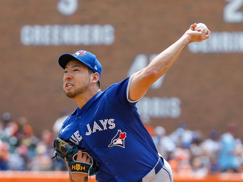 May 26, 2024; Detroit, Michigan, USA; Toronto Blue Jays starting pitcher Yusei Kikuchi (16) pitches during the second inning of the game against the Detroit Tigers at Comerica Park. Mandatory Credit: Brian Bradshaw Sevald-USA TODAY Sports