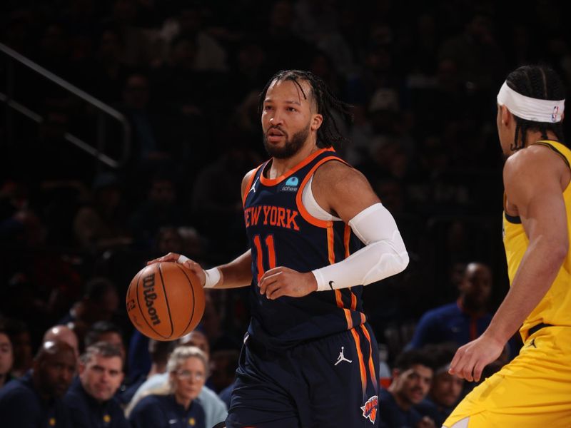 NEW YORK, NY - FEBRUARY 1: Jalen Brunson #11 of the New York Knicks dribbles the ball during the game against the Indiana Pacers on February 1, 2024 at Madison Square Garden in New York City, New York.  NOTE TO USER: User expressly acknowledges and agrees that, by downloading and or using this photograph, User is consenting to the terms and conditions of the Getty Images License Agreement. Mandatory Copyright Notice: Copyright 2024 NBAE  (Photo by Nathaniel S. Butler/NBAE via Getty Images)