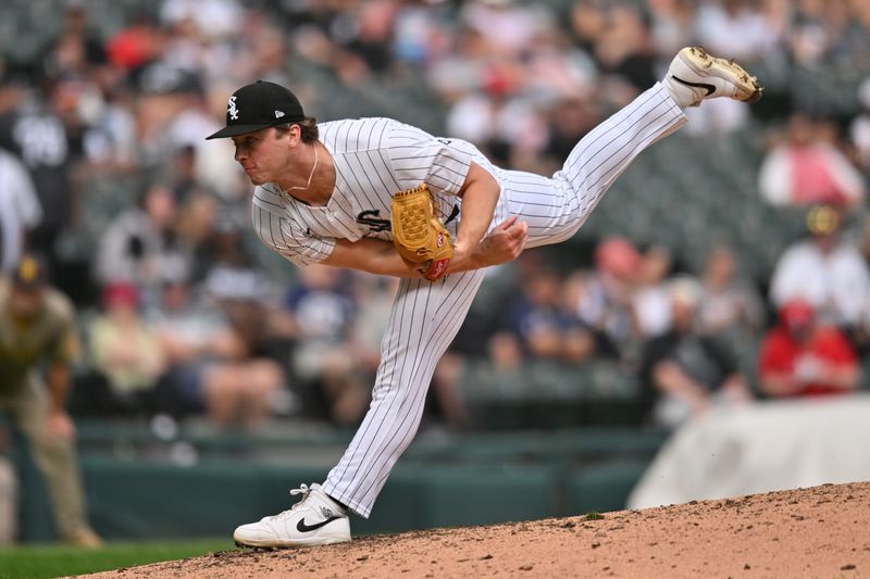 Sep 21, 2025; Chicago, Illinois, USA; Chicago White Sox pitcher Grant Taylor (31) pitches against the San Diego Padres during the eighth inning at Rate Field. Mandatory Credit: Patrick Gorski-Imagn Images