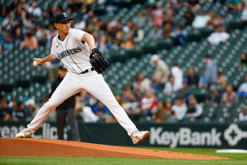 Jun 13, 2023; Seattle, Washington, USA; Seattle Mariners starting pitcher George Kirby (68) throws against the Miami Marlins during the first inning at T-Mobile Park. Mandatory Credit: Joe Nicholson-USA TODAY Sports