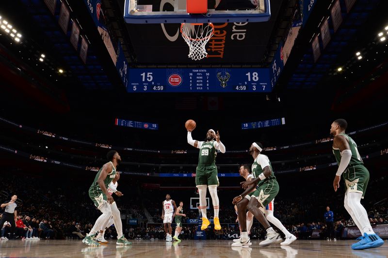 DETROIT, MI - JANUARY 22: Jae Crowder #99 of the Milwaukee Bucks  grabs a rebound during the game against the Detroit Pistons on January 22, 2024 at Little Caesars Arena in Detroit, Michigan. NOTE TO USER: User expressly acknowledges and agrees that, by downloading and/or using this photograph, User is consenting to the terms and conditions of the Getty Images License Agreement. Mandatory Copyright Notice: Copyright 2024 NBAE (Photo by Chris Schwegler/NBAE via Getty Images)