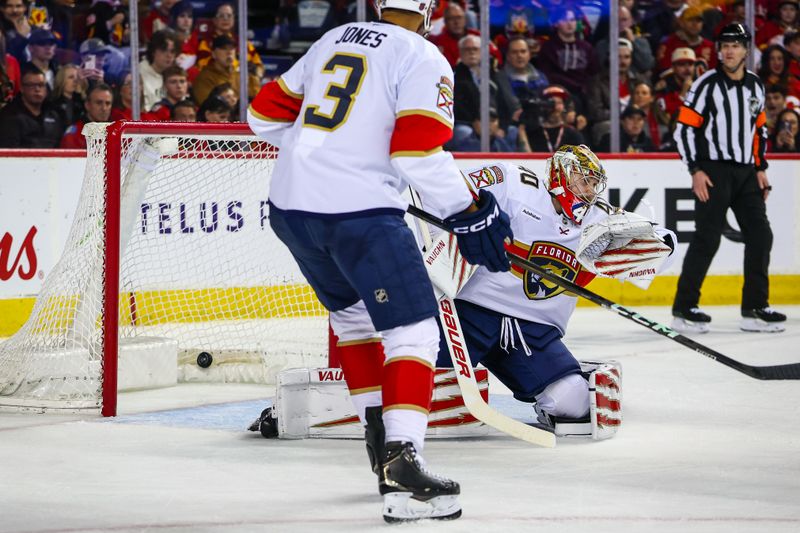 Mar 20, 2026; Calgary, Alberta, CAN; Calgary Flames left wing Victor Olofsson (not pictured) scores a goal against Florida Panthers goaltender Daniil Tarasov (40) during the second period at Scotiabank Saddledome. Mandatory Credit: Sergei Belski-Imagn Images