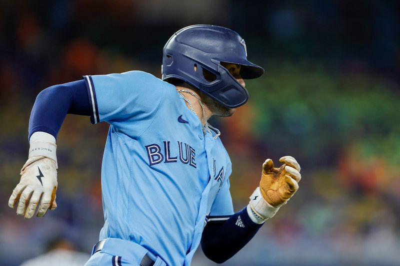 Jun 21, 2023; Miami, Florida, USA; Toronto Blue Jays second baseman Cavan Biggio (8) runs toward first base after hitting a single against the Miami Marlins during the fifth inning at loanDepot Park. Mandatory Credit: Sam Navarro-USA TODAY Sports