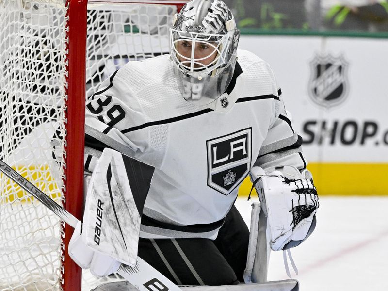 Jan 16, 2024; Dallas, Texas, USA; Los Angeles Kings goaltender Cam Talbot (39) faces the Dallas Stars attack during the second period at the American Airlines Center. Mandatory Credit: Jerome Miron-USA TODAY Sports