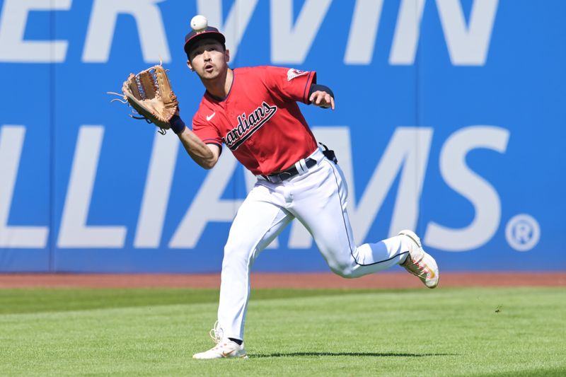 Sep 17, 2023; Cleveland, Ohio, USA; Cleveland Guardians left fielder Steven Kwan (38) catches a ball hit by Texas Rangers second baseman Marcus Semien (not pictured) during the first inning at Progressive Field. Mandatory Credit: Ken Blaze-USA TODAY Sports