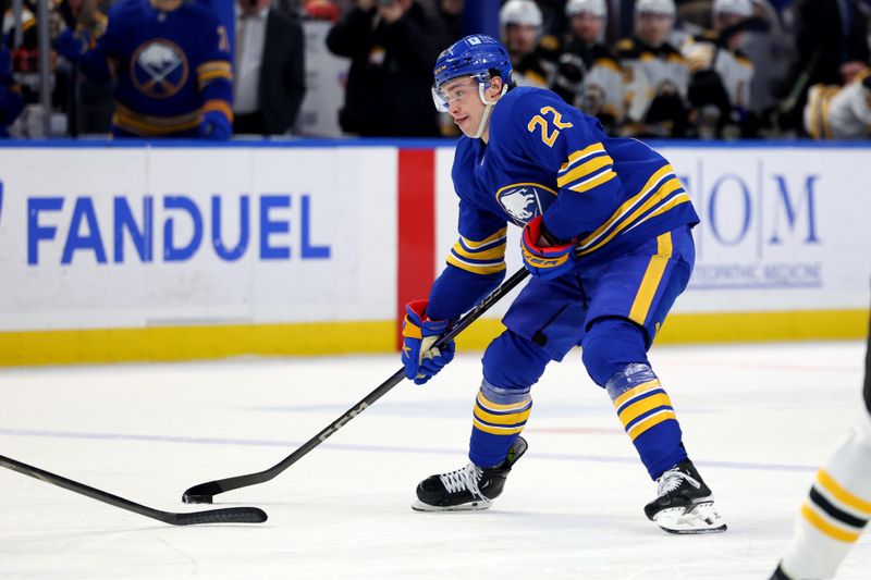 Jan 28, 2025; Buffalo, New York, USA;  Buffalo Sabres right wing Jack Quinn (22) looks to take a shot on goal during the second period against the Boston Bruins at KeyBank Center. Mandatory Credit: Timothy T. Ludwig-Imagn Images