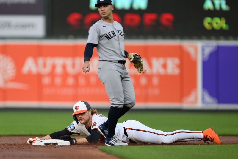 Apr 30, 2025; Baltimore, Maryland, USA; Baltimore Orioles shortstop Gunnar Henderson (2) steals second base during the second inning against the New York Yankees at Oriole Park at Camden Yards. Mandatory Credit: Reggie Hildred-Imagn Images
