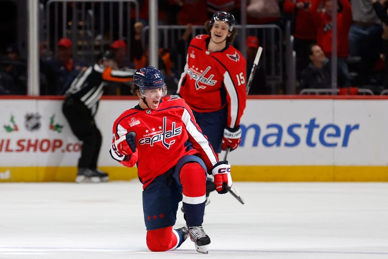 Nov 22, 2023; Washington, District of Columbia, USA; Washington Capitals center Dylan Strome (17) celebrates after scoring the game winning goal in overtime against the Buffalo Sabres at Capital One Arena. Mandatory Credit: Geoff Burke-USA TODAY Sports