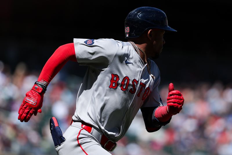 May 5, 2024; Minneapolis, Minnesota, USA; Boston Red Sox Ceddanne Rafaela (43) hits a two-run home run against the Minnesota Twins during the fifth inning at Target Field. Mandatory Credit: Matt Krohn-USA TODAY Sports