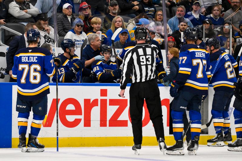 Nov 5, 2024; St. Louis, Missouri, USA;  St. Louis Blues center Dylan Holloway (81) is checked on by a trainer after he came off the ice from a shift against the Tampa Bay Lightning during the first period at Enterprise Center. Dylan Holloway was removed from the bench on a stretcher. Mandatory Credit: Jeff Curry-Imagn Images