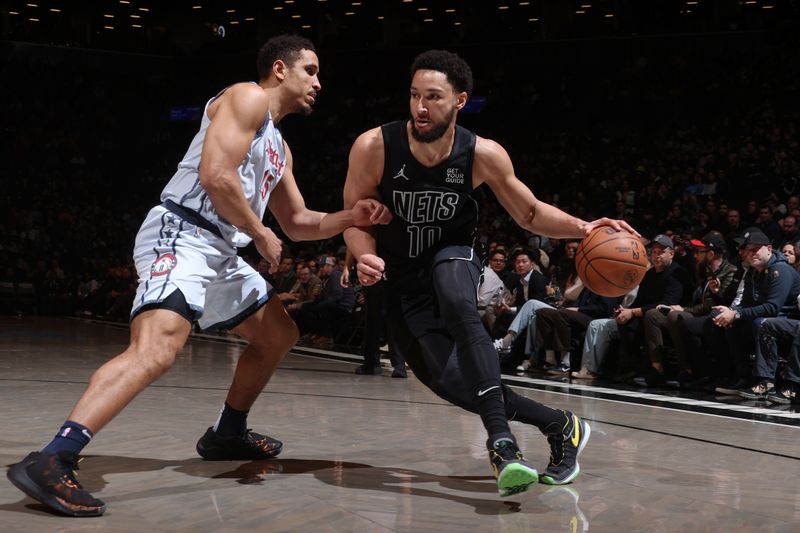 BROOKLYN, NY - FEBRUARY 5: Ben Simmons #10 of the Brooklyn Nets drives to the basket during the game against the Washington Wizards on February 5, 2025 at Barclays Center in Brooklyn, New York. NOTE TO USER: User expressly acknowledges and agrees that, by downloading and or using this Photograph, user is consenting to the terms and conditions of the Getty Images License Agreement. Mandatory Copyright Notice: Copyright 2025 NBAE (Photo by Nathaniel S. Butler/NBAE via Getty Images)