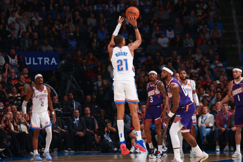 OKLAHOMA CITY, OK - FEBRUARY 5: Aaron Wiggins #21 of the Oklahoma City Thunder shoots the ball during the game against the Phoenix Suns on February 5, 2025 at Paycom Center in Oklahoma City, Oklahoma. NOTE TO USER: User expressly acknowledges and agrees that, by downloading and or using this photograph, User is consenting to the terms and conditions of the Getty Images License Agreement. Mandatory Copyright Notice: Copyright 2025 NBAE (Photo by Zach Beeker/NBAE via Getty Images)