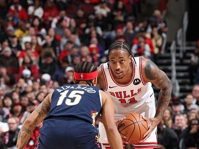 CHICAGO, IL - DECEMBER 2: DeMar DeRozan #11 of the Chicago Bulls handles the ball during the game against the New Orleans Pelicans on December 2, 2023 at United Center in Chicago, Illinois. NOTE TO USER: User expressly acknowledges and agrees that, by downloading and or using this photograph, User is consenting to the terms and conditions of the Getty Images License Agreement. Mandatory Copyright Notice: Copyright 2023 NBAE (Photo by Jeff Haynes/NBAE via Getty Images)