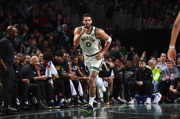 BOSTON, MA - NOVEMBER 10: Jayson Tatum #0 of the Boston Celtics celebrates during the game against the Brooklyn Nets during the In-Season Tournament on November 10, 2023 at the TD Garden in Boston, Massachusetts. NOTE TO USER: User expressly acknowledges and agrees that, by downloading and or using this photograph, User is consenting to the terms and conditions of the Getty Images License Agreement. Mandatory Copyright Notice: Copyright 2023 NBAE  (Photo by Brian Babineau/NBAE via Getty Images)