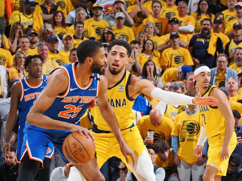 INDIANAPOLIS, IN - MAY 31: Tyrese Haliburton #0 of the Indiana Pacers plays defense during the game against the New York Knicks during Game 6 of the 2025 Eastern Conference Finals on May 31, 2025 at Gainbridge Fieldhouse in Indianapolis, Indiana. NOTE TO USER: User expressly acknowledges and agrees that, by downloading and or using this Photograph, user is consenting to the terms and conditions of the Getty Images License Agreement. Mandatory Copyright Notice: Copyright 2025 NBAE (Photo by Ron Hoskins/NBAE via Getty Images)