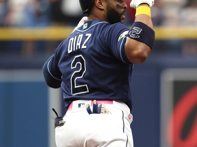 May 20, 2023; St. Petersburg, Florida, USA;Tampa Bay Rays first baseman Yandy Diaz (2) celebrates after hitting a 2-run home run during the second inning against the Milwaukee Brewers at Tropicana Field. Mandatory Credit: Kim Klement-USA TODAY Sports