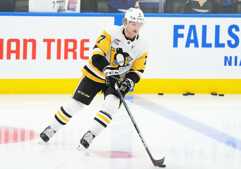 Apr 8, 2024; Toronto, Ontario, CAN; Pittsburgh Penguins defenseman John Ludvig (7) skates against the Toronto Maple Leafs during the warmup at Scotiabank Arena. Mandatory Credit: Nick Turchiaro-USA TODAY Sports