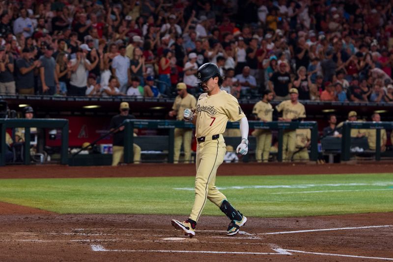 Aug 30, 2024; Phoenix, Arizona, USA;  Arizona Diamondbacks outfielder Corbin Carroll (7) after hitting a home run in the second inning against the Los Angeles Dodgers at Chase Field. Mandatory Credit: Allan Henry-USA TODAY Sports
