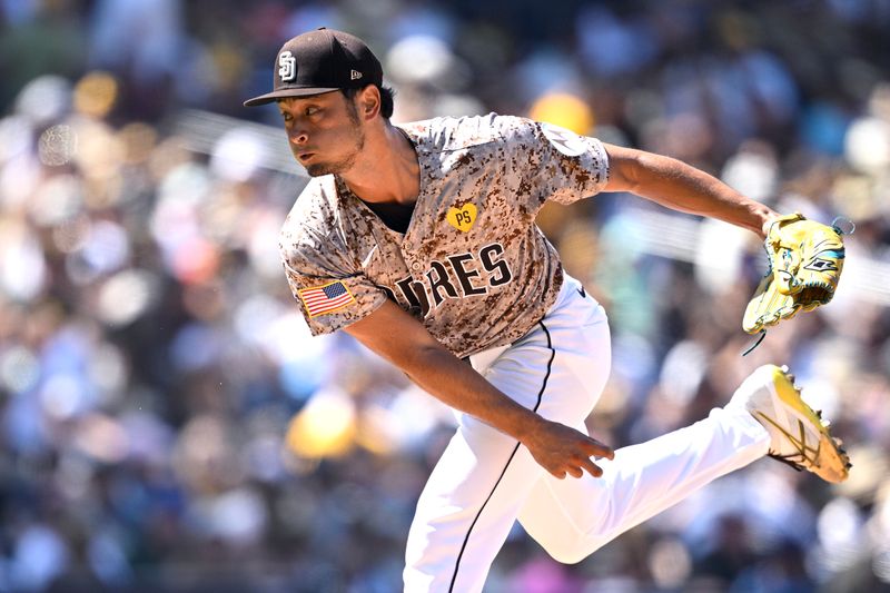 Sep 22, 2024; San Diego, California, USA; San Diego Padres starting pitcher Yu Darvish (11) pitches against the Chicago White Sox during the third inning at Petco Park. Mandatory Credit: Orlando Ramirez-Imagn Images