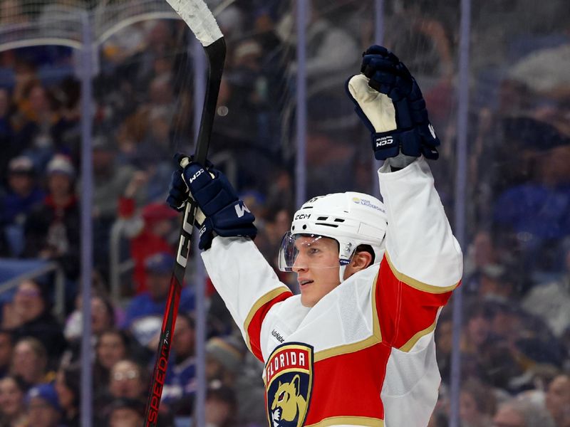Jan 12, 2026; Buffalo, New York, USA;  Florida Panthers center Anton Lundell (15) reacts after scoring a goal during the third period against the Buffalo Sabres at KeyBank Center. Mandatory Credit: Timothy T. Ludwig-Imagn Images