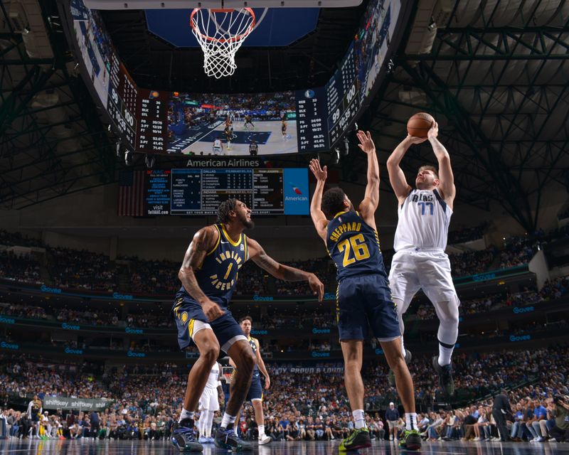 DALLAS, TX - NOVEMBER 4: Luka Doncic #77 of the Dallas Mavericks shoots the ball during the game against the Indiana Pacers on November 4, 2024 at the American Airlines Center in Dallas, Texas. NOTE TO USER: User expressly acknowledges and agrees that, by downloading and or using this photograph, User is consenting to the terms and conditions of the Getty Images License Agreement. Mandatory Copyright Notice: Copyright 2024 NBAE (Photo by Glenn James/NBAE via Getty Images)