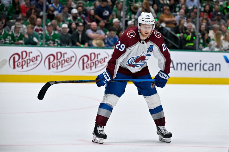 May 9, 2024; Dallas, Texas, USA; Colorado Avalanche center Nathan MacKinnon (29) waits for the face-off against the Dallas Stars during the first period in game two of the second round of the 2024 Stanley Cup Playoffs at American Airlines Center. Mandatory Credit: Jerome Miron-USA TODAY Sports