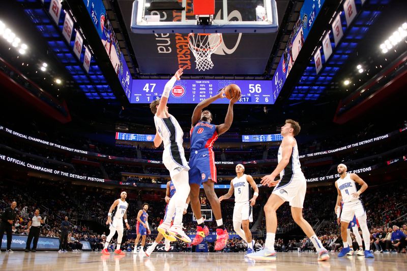 DETROIT, MI - FEBRUARY 24:  Jalen Duren #0 of the Detroit Pistons goes to the basket during the game on February 24, 2024 at Little Caesars Arena in Detroit, Michigan. NOTE TO USER: User expressly acknowledges and agrees that, by downloading and/or using this photograph, User is consenting to the terms and conditions of the Getty Images License Agreement. Mandatory Copyright Notice: Copyright 2024 NBAE (Photo by Brian Sevald/NBAE via Getty Images)