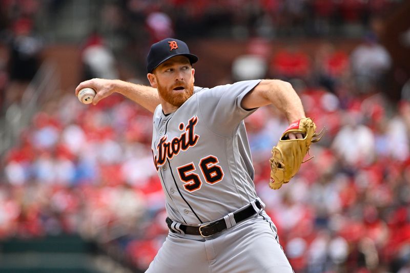 May 6, 2023; St. Louis, Missouri, USA;  Detroit Tigers starting pitcher Spencer Turnbull (56) pitches against the St. Louis Cardinals during the first inning at Busch Stadium. Mandatory Credit: Jeff Curry-USA TODAY Sports