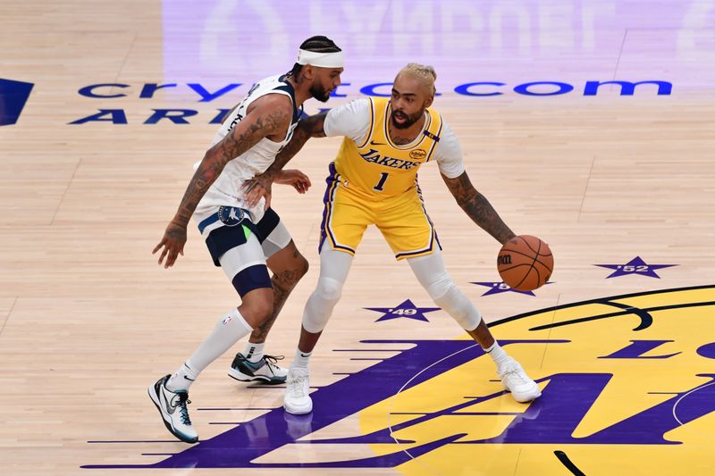 LOS ANGELES, CA - OCTOBER 22: D'Angelo Russell #1 of the Los Angeles Lakers dribbles the ball during the game against the Minnesota Timberwolves on October 22, 2024 at Crypto.Com Arena in Los Angeles, California. NOTE TO USER: User expressly acknowledges and agrees that, by downloading and/or using this Photograph, user is consenting to the terms and conditions of the Getty Images License Agreement. Mandatory Copyright Notice: Copyright 2024 NBAE (Photo by Juan Ocampo/NBAE via Getty Images)