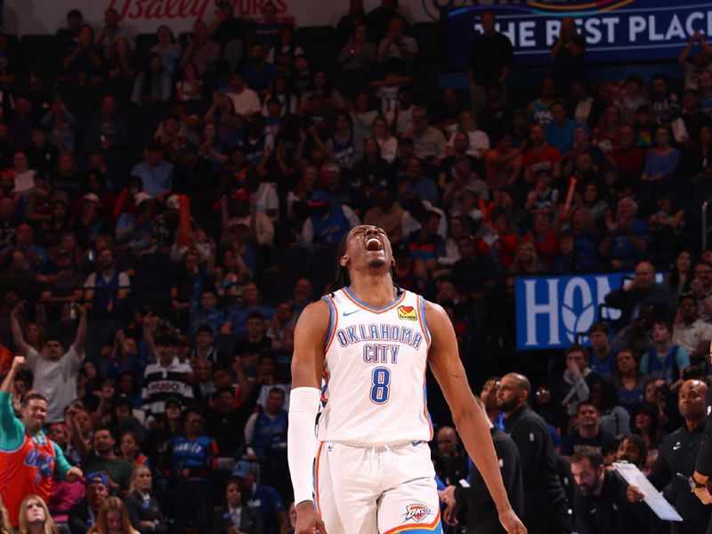 OKLAHOMA CITY, OK - MARCH 14: Jalen Williams #8 of the Oklahoma City Thunder celebrates during the game against the Dallas Mavericks on March 13, 2024 at Paycom Arena in Oklahoma City, Oklahoma. NOTE TO USER: User expressly acknowledges and agrees that, by downloading and or using this photograph, User is consenting to the terms and conditions of the Getty Images License Agreement. Mandatory Copyright Notice: Copyright 2024 NBAE (Photo by Zach Beeker/NBAE via Getty Images)