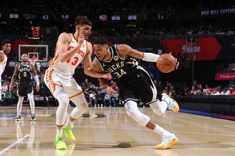 LAS VEGAS, NV - DECEMBER 14: Giannis Antetokounmpo #34 of the Milwaukee Bucks dribbles the ball during the game against the Atlanta Hawks during the Emirates NBA Cup Semifinal game on December 14, 2024 at T-Mobile Arena in Las Vegas, Nevada. NOTE TO USER: User expressly acknowledges and agrees that, by downloading and/or using this Photograph, user is consenting to the terms and conditions of the Getty Images License Agreement. Mandatory Copyright Notice: Copyright 2024 NBAE (Photo by Nathaniel S. Butler/NBAE via Getty Images)