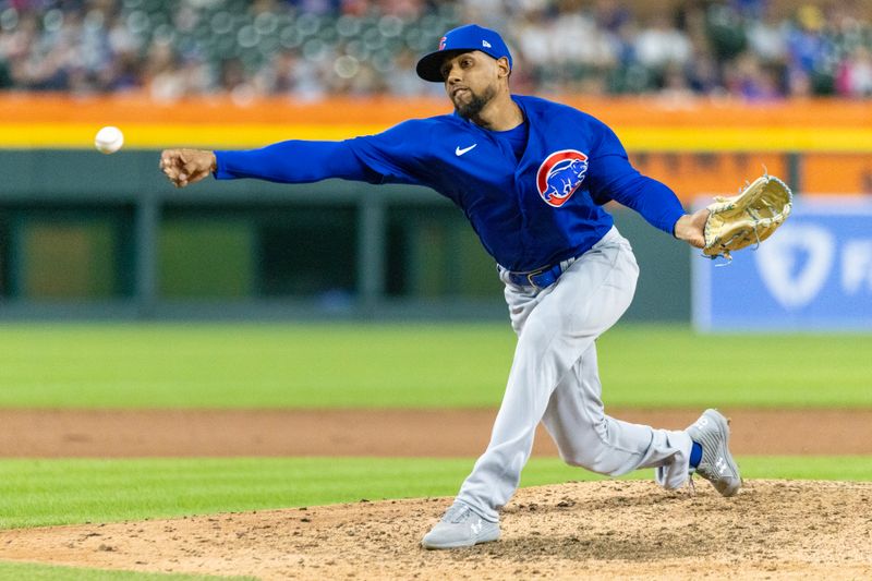 Aug 22, 2023; Detroit, Michigan, USA; Chicago Cubs relief pitcher Jose Cuas (74) pitches in the eighth inning against the Detroit Tigers at Comerica Park. Mandatory Credit: David Reginek-USA TODAY Sports