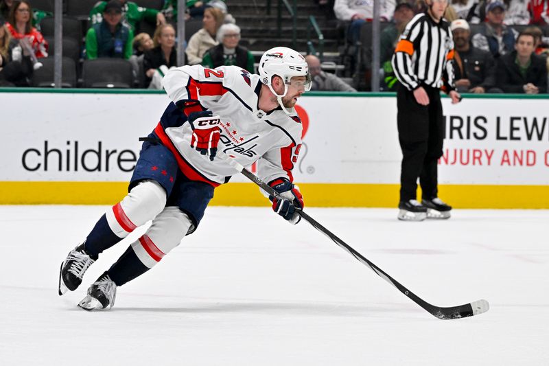 Jan 27, 2024; Dallas, Texas, USA; Washington Capitals center Evgeny Kuznetsov (92) skates against the Dallas Stars during the second period at the American Airlines Center. Mandatory Credit: Jerome Miron-USA TODAY Sports