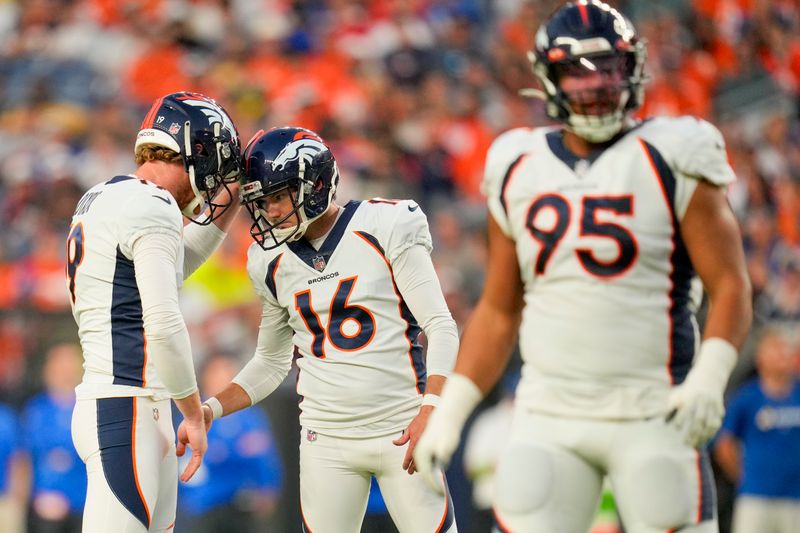 Denver Broncos place-kicker Brett Maher (16) celebrates after scoring during the first half of an NFL football game against the Los Angeles Rams Saturday, Aug. 26, 2023, in Denver. (AP Photo/Jack Dempsey)