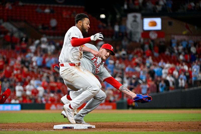 Apr 8, 2024; St. Louis, Missouri, USA;  Philadelphia Phillies pitcher Jeff Hoffman (23) forces out St. Louis Cardinals center fielder Victor Scott II (11) during the ninth inning at Busch Stadium. Mandatory Credit: Jeff Curry-USA TODAY Sports