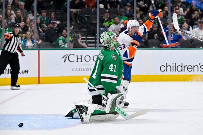 Feb 26, 2024; Dallas, Texas, USA; New York Islanders center Casey Cizikas (53) celebrates after Dallas Stars goaltender Scott Wedgewood (41) allows a goal to Islanders defenseman Ryan Pulock (not pictured) during the first period at the American Airlines Center. Mandatory Credit: Jerome Miron-USA TODAY Sports