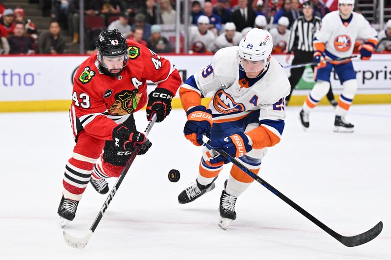 Jan 19, 2024; Chicago, Illinois, USA; Chicago Blackhawks forward Colin Blackwell (43) and New York Islanders forward Brock Nelson (29) battle for control of a loose puck in the second period at United Center. Mandatory Credit: Jamie Sabau-USA TODAY Sports