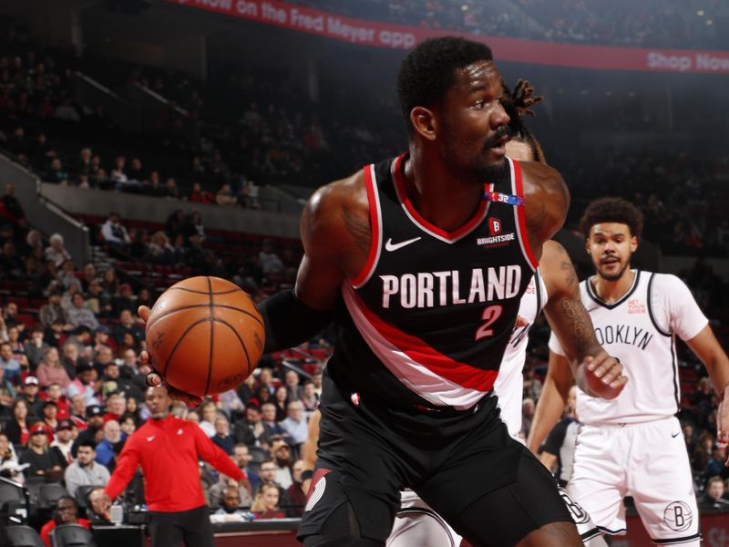 PORTLAND, OR - JANUARY 14: Deandre Ayton #2 of the Portland Trail Blazers handles the ball during the game against the Brooklyn Nets on January 14, 2025 at the Moda Center Arena in Portland, Oregon. NOTE TO USER: User expressly acknowledges and agrees that, by downloading and or using this photograph, user is consenting to the terms and conditions of the Getty Images License Agreement. Mandatory Copyright Notice: Copyright 2025 NBAE (Photo by Cameron Browne/NBAE via Getty Images)